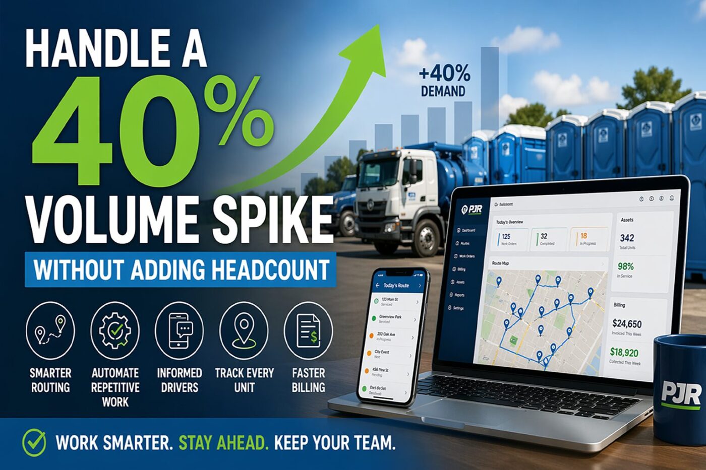 Marketing banner promoting fleet software: 'Handle a 40% volume spike without adding headcount' with trucks, a laptop showing a fleet dashboard, and a smartphone screen visually connected by a rising green arrow. (informative)