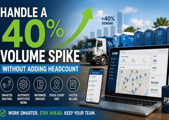 Marketing banner promoting fleet software: 'Handle a 40% volume spike without adding headcount' with trucks, a laptop showing a fleet dashboard, and a smartphone screen visually connected by a rising green arrow. (informative)
