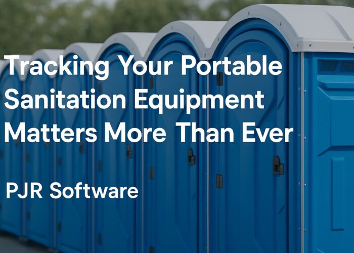 Blue row of portable toilets with large white text: 'Tracking Your Portable Sanitation Equipment Matters More Than Ever' and 'PJR Software'.