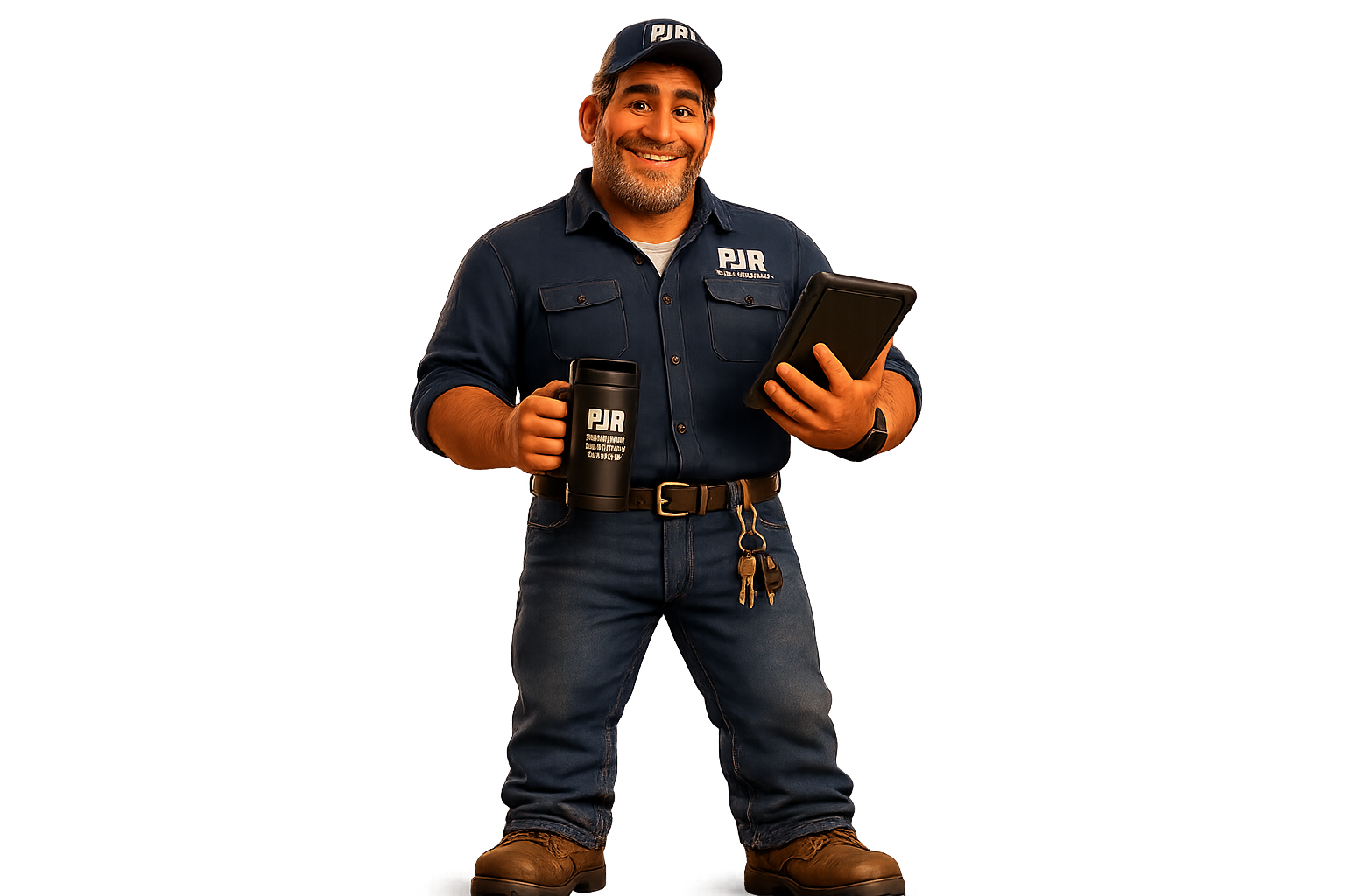 Friendly male technician in a blue uniform holds a tablet in one hand and a black insulated tumbler in the other, smiling at the camera.