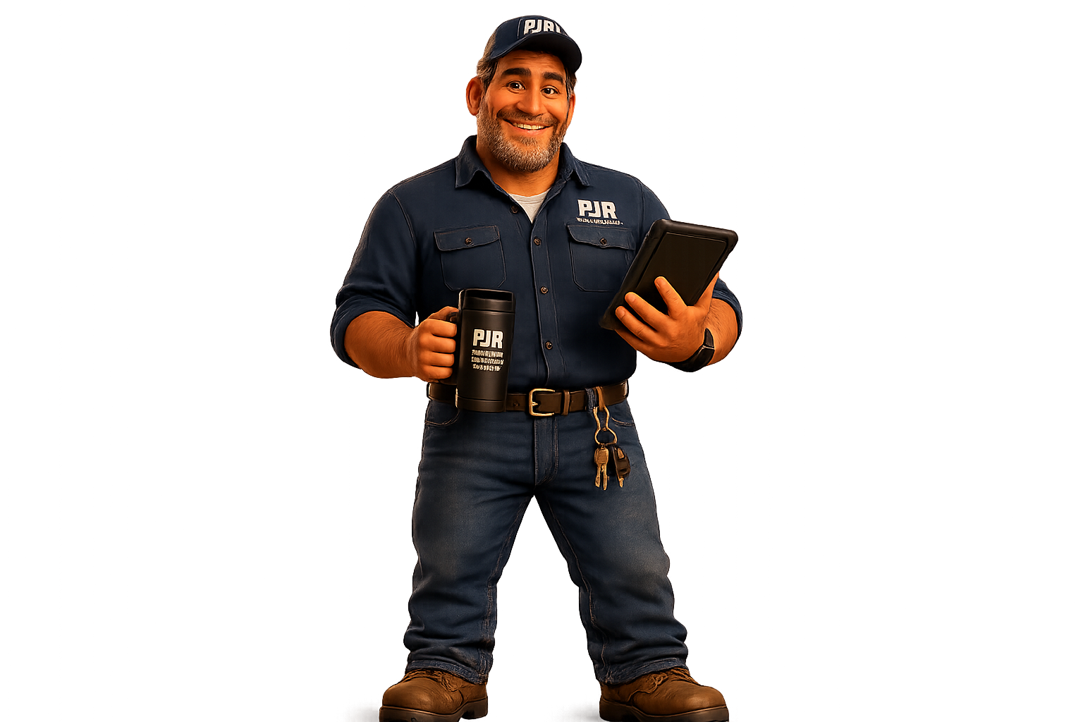 Friendly male technician in a blue uniform holds a tablet in one hand and a black insulated tumbler in the other, smiling at the camera.